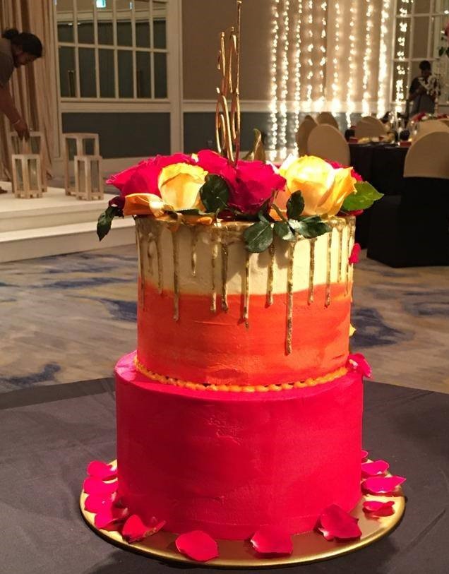 Pink and red two tier cake